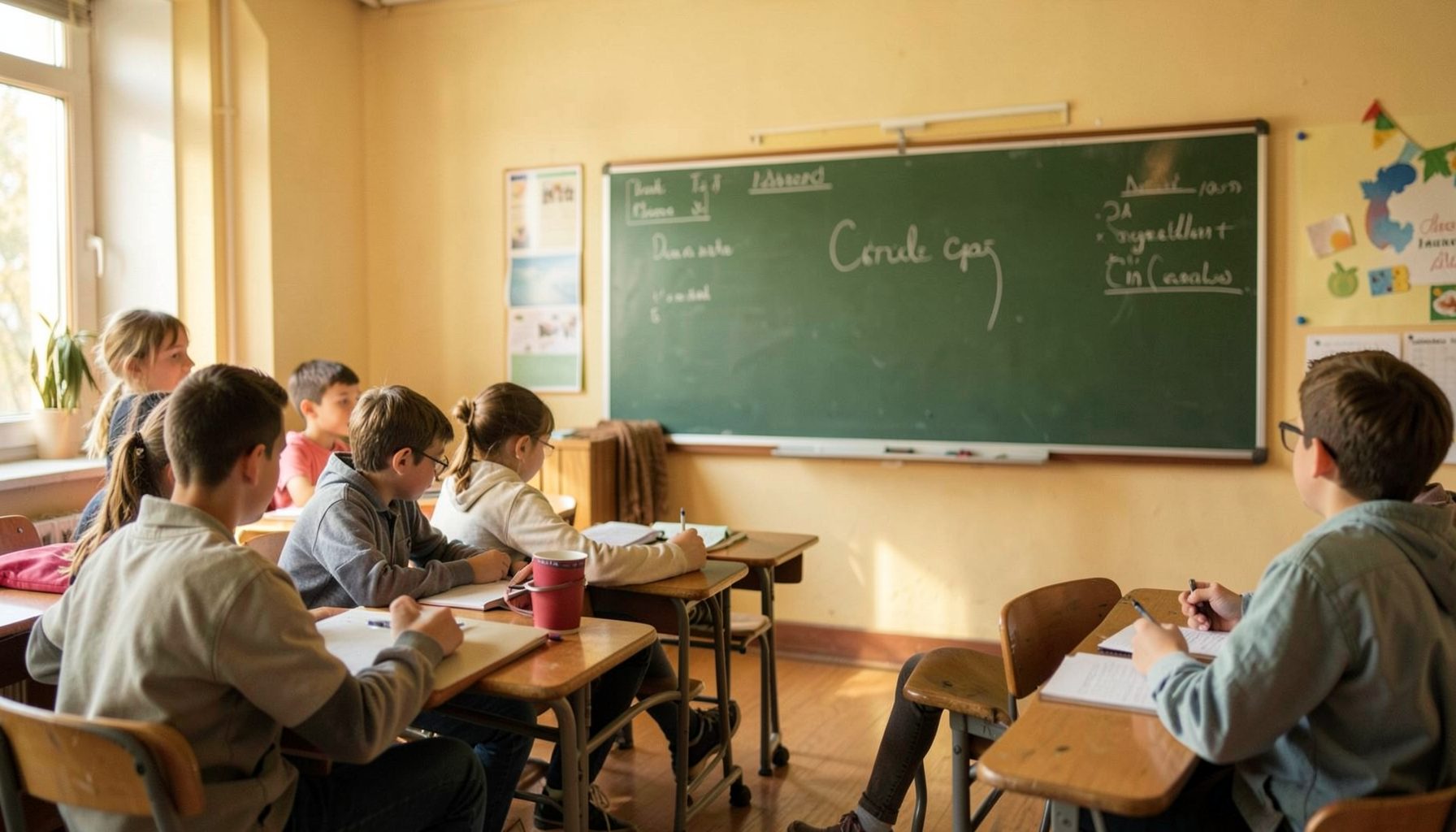 Школьный класс с доской, тёплые тона, атмосфера знаний и уважения.
