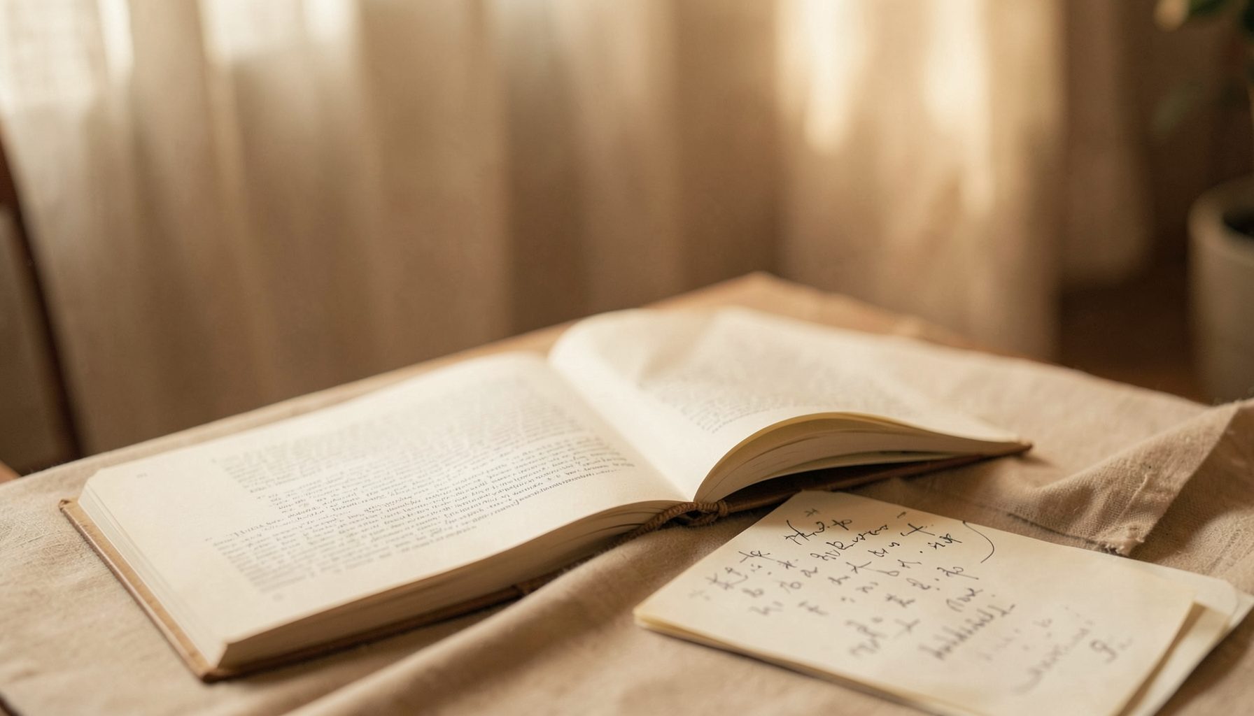 Тёплый уютный фон с приглушённым светом, открытая книга и рукописные заметки на столе, мягкие бежевые и кремовые тона, атмосфера уюта и искренности
